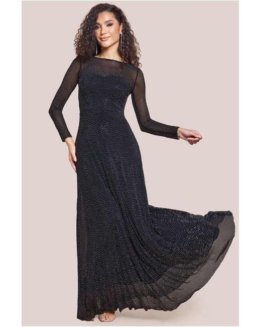 Goddiva Gray Hotfix Diamante Mesh A-Line Long Sleeve Maxi Dress