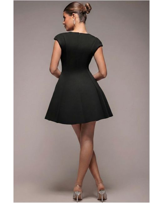 Goddiva Black Cap Sleeve Plunging V-Neckline Skater Mini Dress