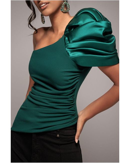 Goddiva Green One Shoulder Puffed Satin Sleeve Asymmetric Scuba Top