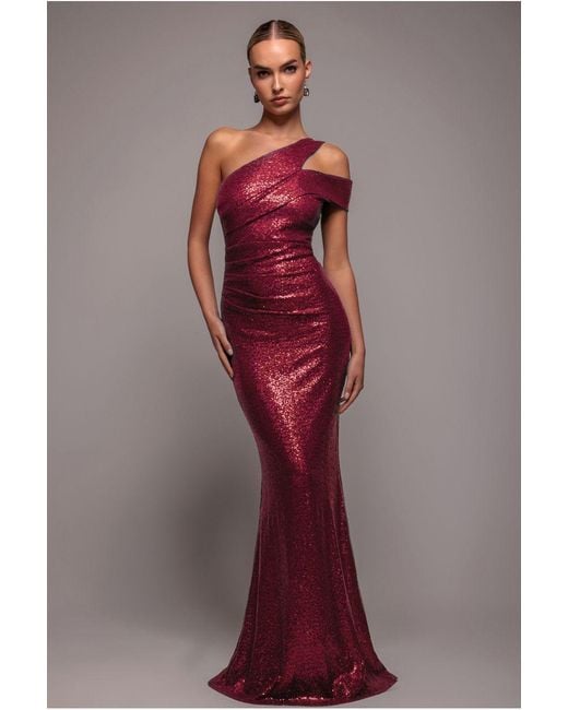 Goddiva Red One Shoulder Sequin Evening Maxi