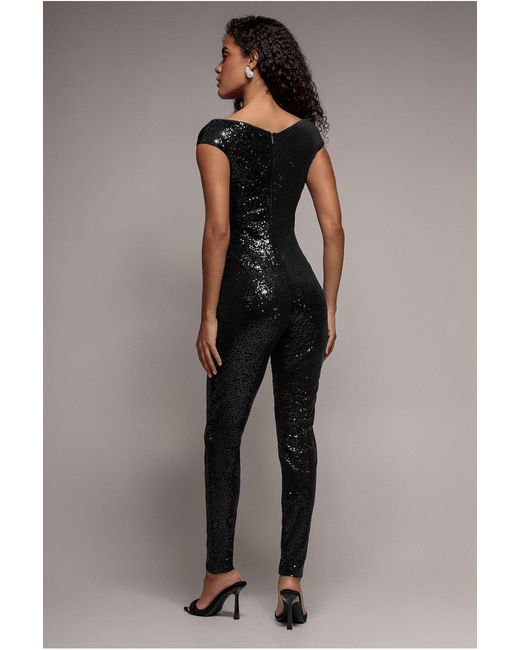 Goddiva Black Sequin Velvet Bardot Jumpsuit