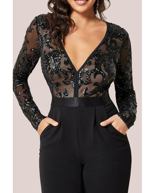 Goddiva Black Sequin Mesh Jumpsuit