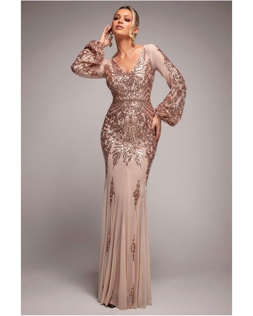 Goddiva Multicolor Embellished Sequin Bishop Sleeve Maxi Dress