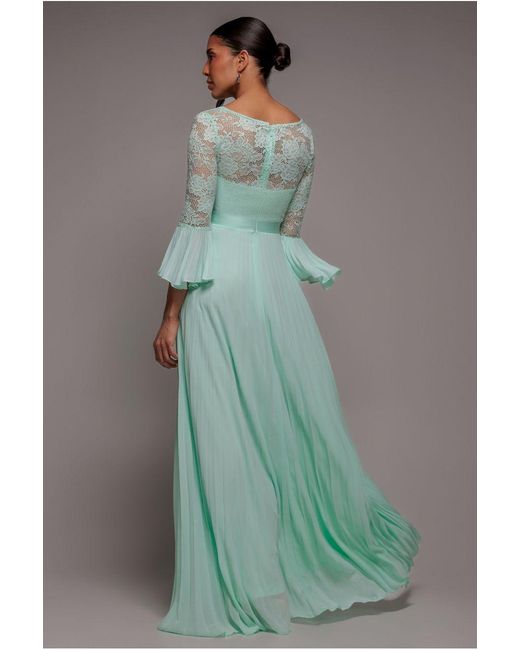 Goddiva Green Scalloped Lace Bodice Pleated Chiffon A Line Maxi Dress