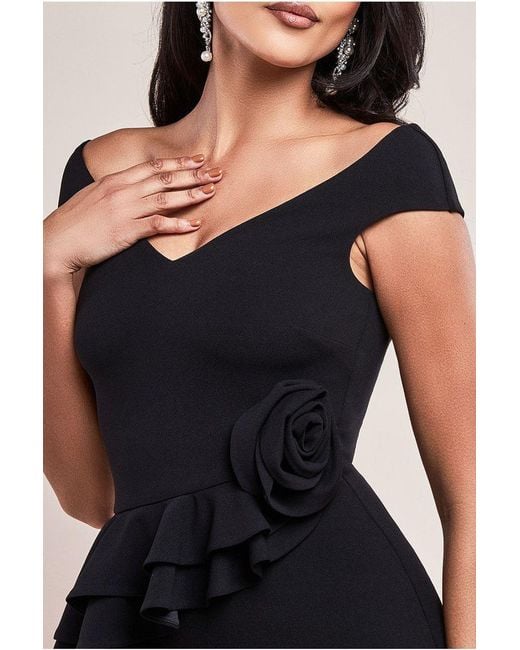 Goddiva Black Scuba Crepe Rose Frill Midi Dress