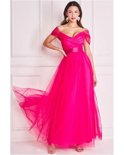 Goddiva Pink Off The Shoulder Princess Maxi Dress