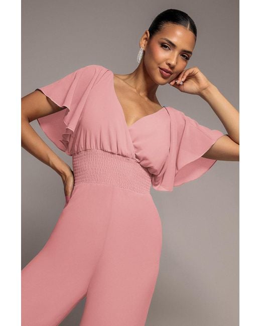 Goddiva Pink Chiffon Jumpsuit With Flutter Sleeves