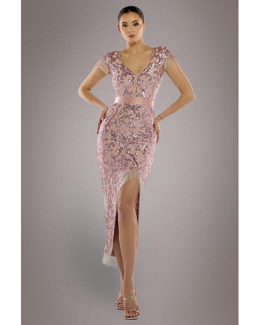 Goddiva Women's Embroidered Sequin Tassel Front Split Midaxi Dress