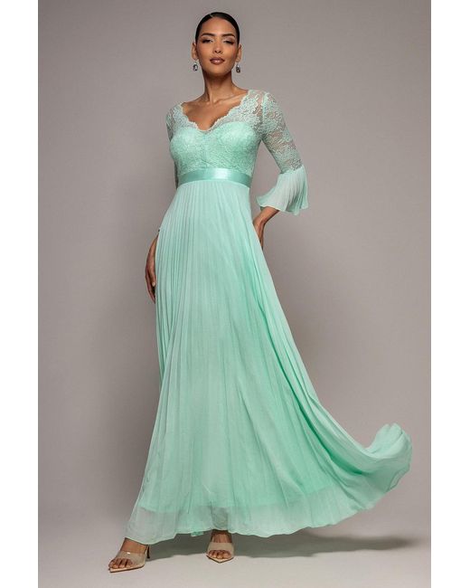 Goddiva Green Scalloped Lace Bodice Pleated Chiffon A Line Maxi Dress