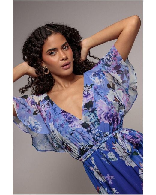 Goddiva Blue Flutter Sleeve A-Line Chiffon Floral Printed Midi Dress