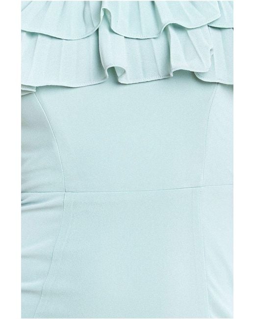Goddiva Blue Frilled Off The Shoulder Pleated Chiffon Maxi Dress