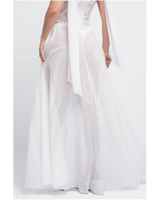 Goddiva White Embroidered Lace Corset Polka Dobby Chiffon A-Line Maxi Skirt With Scarf & Gloves