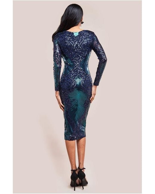 Goddiva Blue Contrast Sequin Long Sleeve Midi Dress