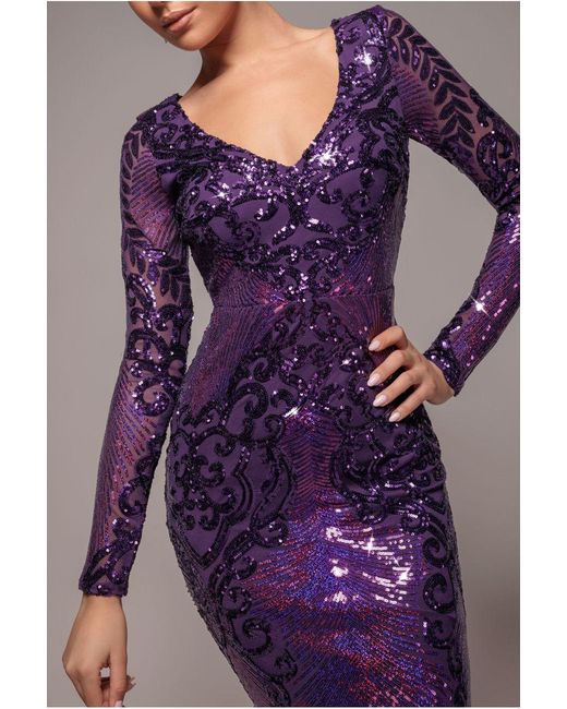 Goddiva Purple Contrast Sequin Long Sleeve Midi Dress
