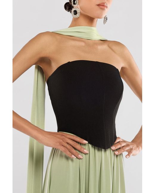 Goddiva Green Compact Crepe Lace Up Corset With Side Split Jersey Maxi Skirt & Scarf