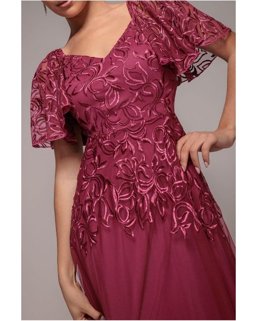 Goddiva Lace Flutter Sleeve Embroidered Mesh A Line Maxi Dress