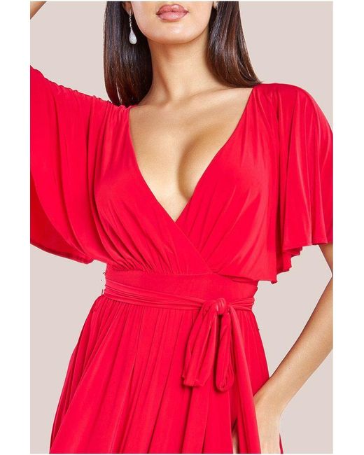 Goddiva Red Wrap Front Maxi With Flutter Sleeves