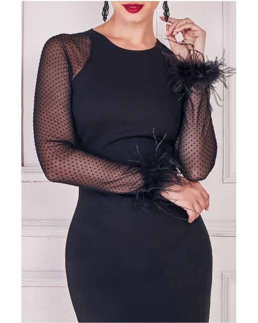 Goddiva Black Racer Neck Scuba Crepe Feather Sleeve Midi