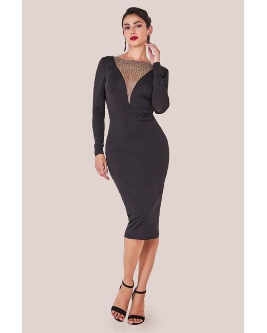 Goddiva Black Diamante Fishnet Cowl Back Midi