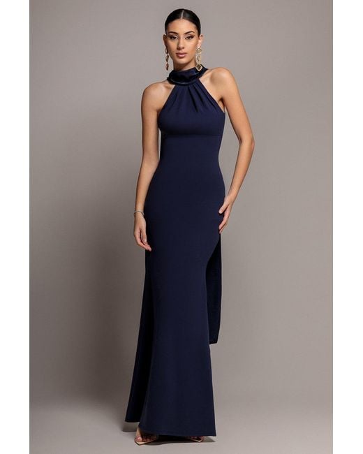 Goddiva Blue Scuba & Soft Satin Halterneck Maxi Dress With Back Sash
