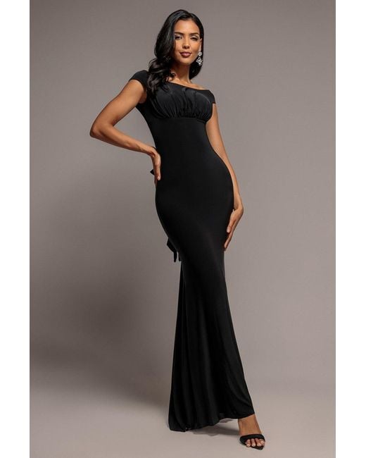 Goddiva Black Open Back Cowl Neck Gathered Maxi Dress With Velvet Tie Back
