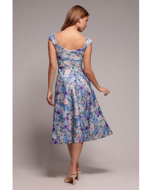 Goddiva Blue Floral Print A-Line Sweetheart Midi Dress