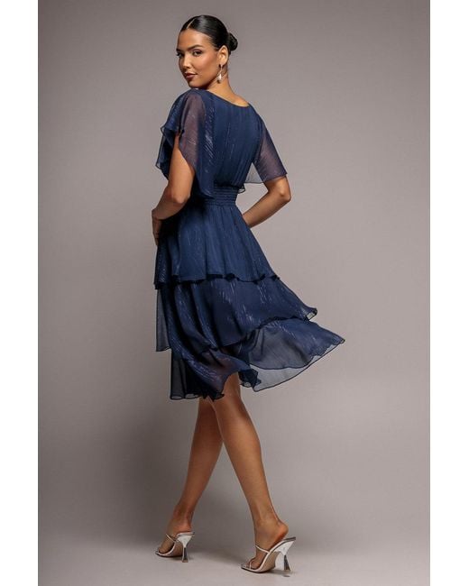 Goddiva Blue Chiffon Layered Flutter Sleeve Midi Dress