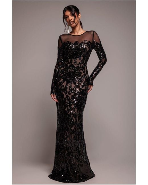 Goddiva Black Floral Sequin Mesh Maxi