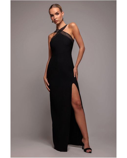 Goddiva Blue Ribbed Criss Cross Halter Neck Maxi Dress With Thigh Split