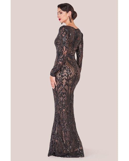 Goddiva Black Sequin Square Neck Maxi With Scallop Hem