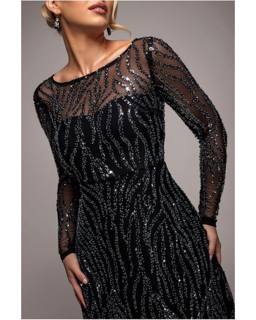 Goddiva Black Ombre Sequin Beaded Flared Long Sleeve Maxi Dress