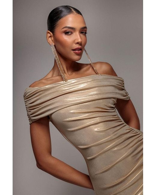 Goddiva Brown Foil Pleated One Shoulder Bardot Fit And Flare Maxi Dress