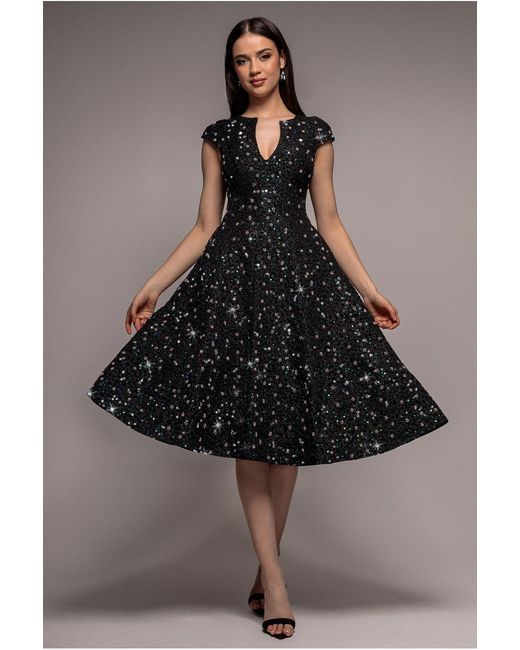 Goddiva Black Bead Embellished Jacquard A Line Midi Dress