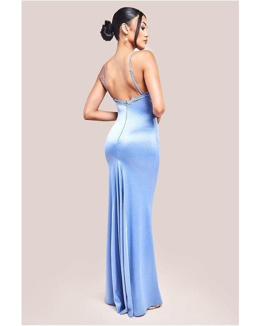 Goddiva Blue Lace Neck Satin Twill Maxi Dress
