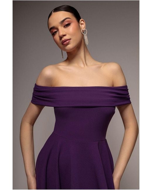 Goddiva Purple Bardot Scuba Crepe Skater Mini Dress