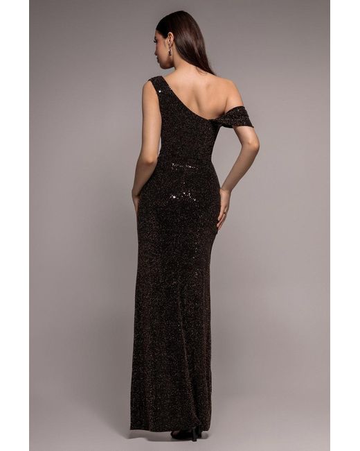 Goddiva Brown Cowl Neck Sequin Glitter Draped Maxi Dress