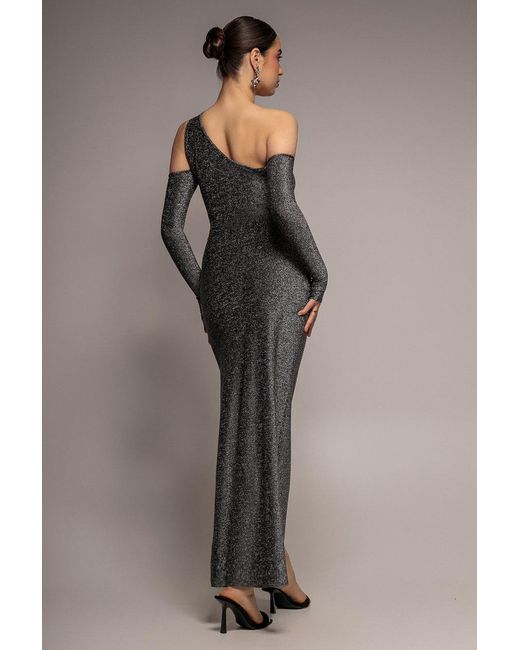 Goddiva Metallic Cold Shoulder Lurex Maxi With Thigh Split