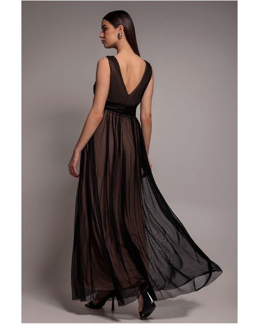 Goddiva Black Sleeveless Pleated Dobby Mesh Corsage Maxi Dress