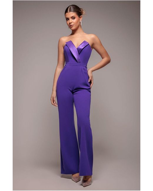 Goddiva Purple Satin Collar Scuba Jumpsuit