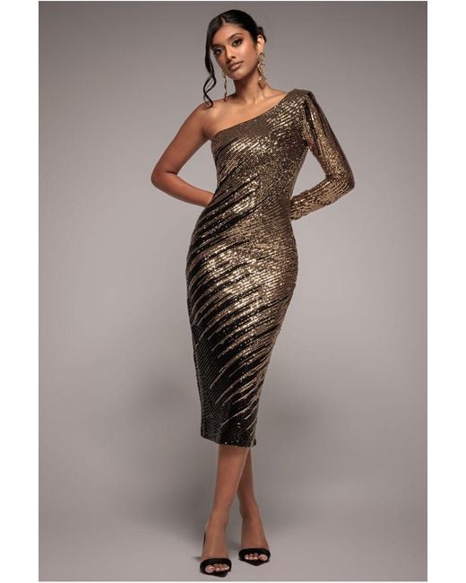 Goddiva Metallic One Sleeve Diagonal Sequin Midi