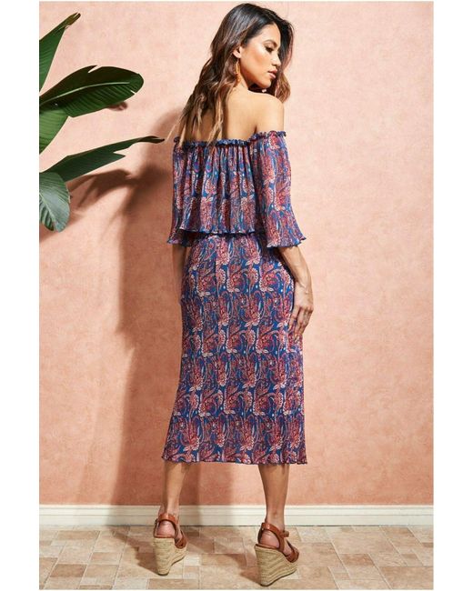 City Goddess Blue Printed Shirred Midi Skirt