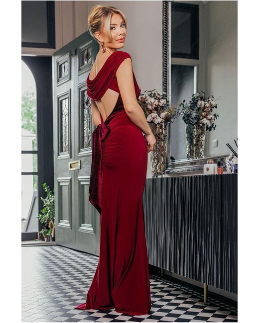Goddiva Gray Open Back Cowl Neck Gathered Maxi Dress With Velvet Tie Back