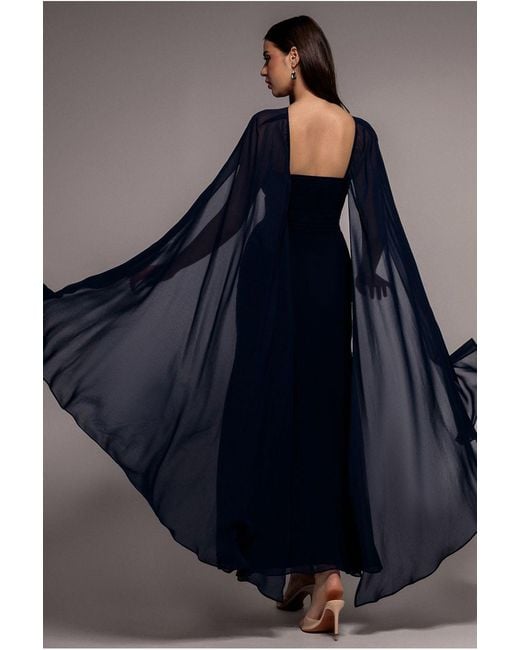 Goddiva Blue Multiway Cape Chiffon With Embellished Trim Maxi Dress