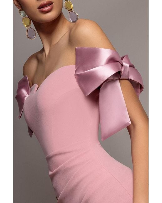 Goddiva Pink Satin Bow Bardot Sheath Maxi Dress