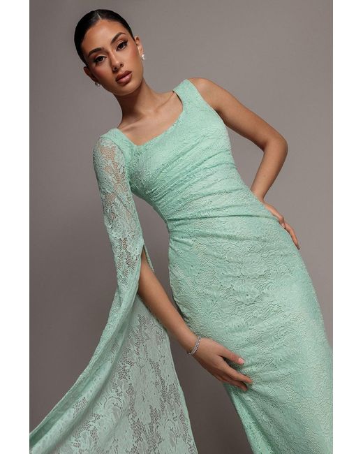 Goddiva Green One Shoulder Cape Sleeve Pleated Lace Maxi Dress