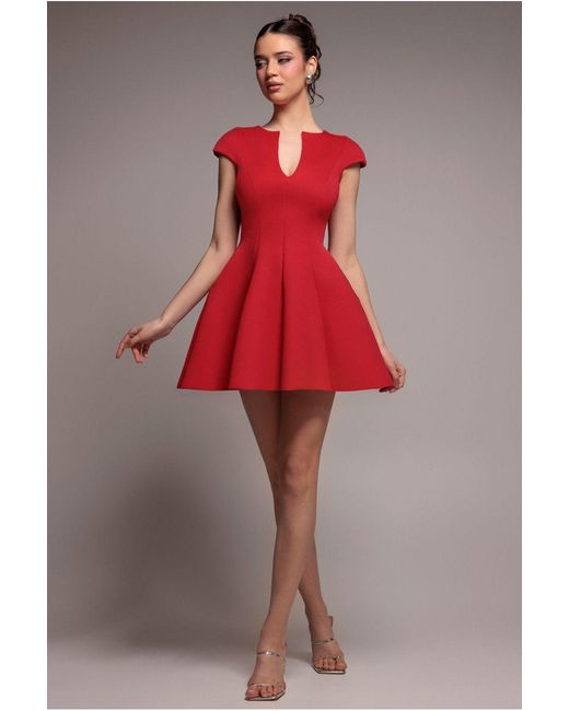 Goddiva Red Cap Sleeve Plunging V-Neckline Skater Mini Dress
