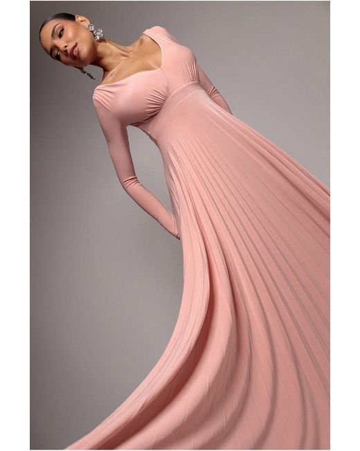 Goddiva Pink Plunge Neck Long Sleeve A Line Maxi Dress
