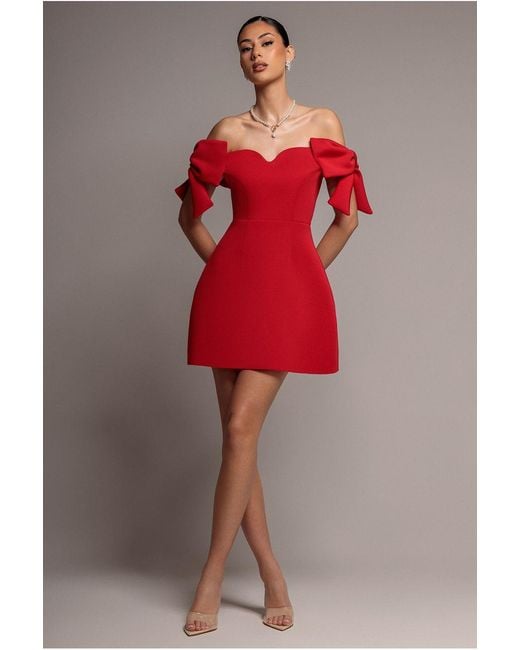 Goddiva Red Bardot Plunge Neck Bow Sleeve Skater Mini Dress