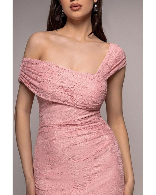 Goddiva Pink One Shoulder Pleated Bardot Lace Maxi Dress