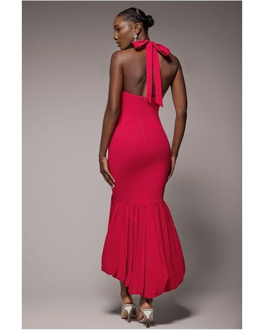 Goddiva Red Halter Neck Puff Hem Mermaid Midaxi Dress